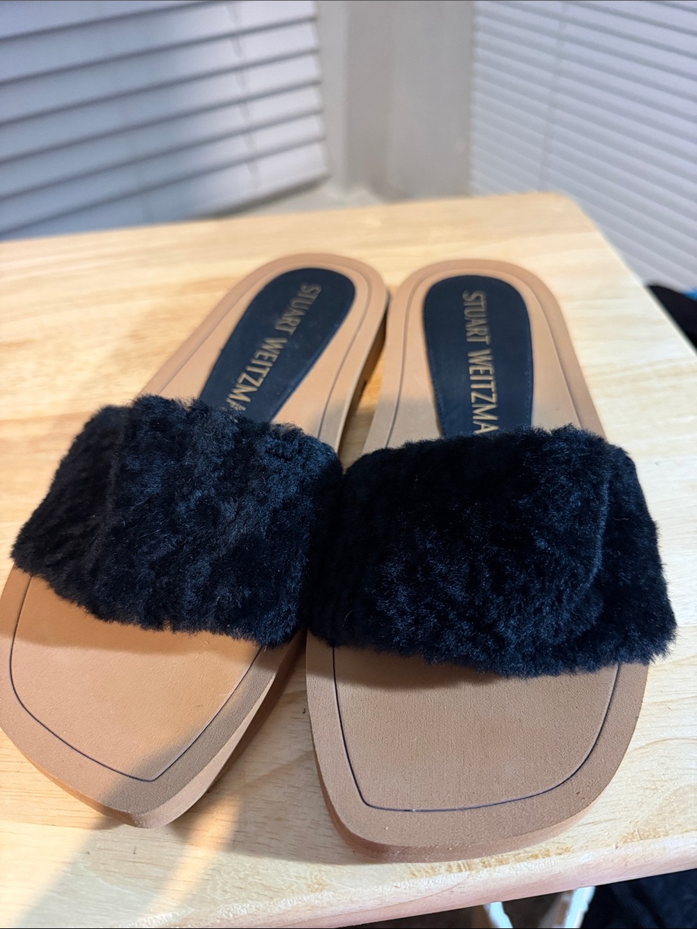 Stuart Weitzman Black Faux Fur Slide Mules with Tan Footbed